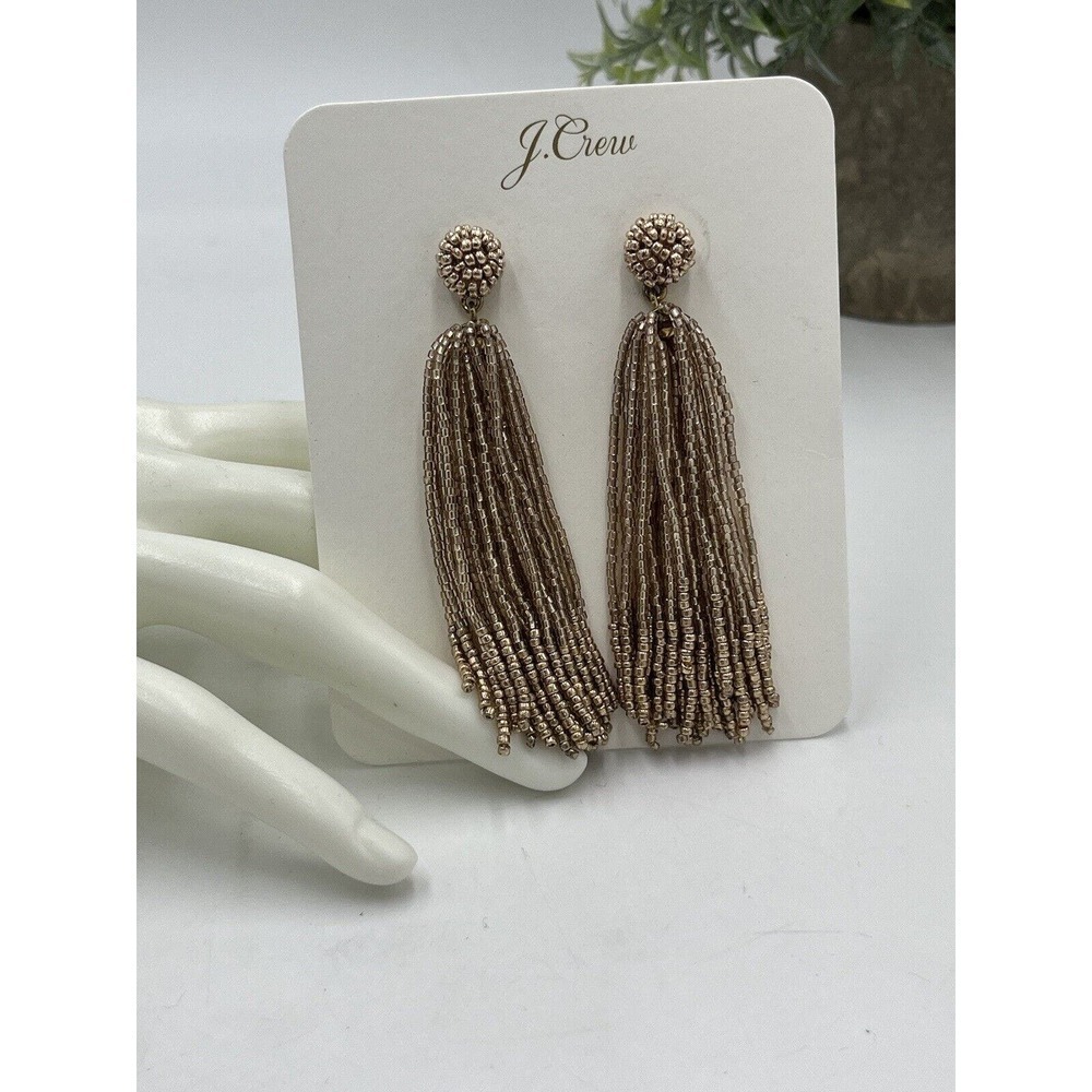 J. Crew Beaded Tassel Earrings Taupe Blush Gold Plated Brass Casting BN348 NWT